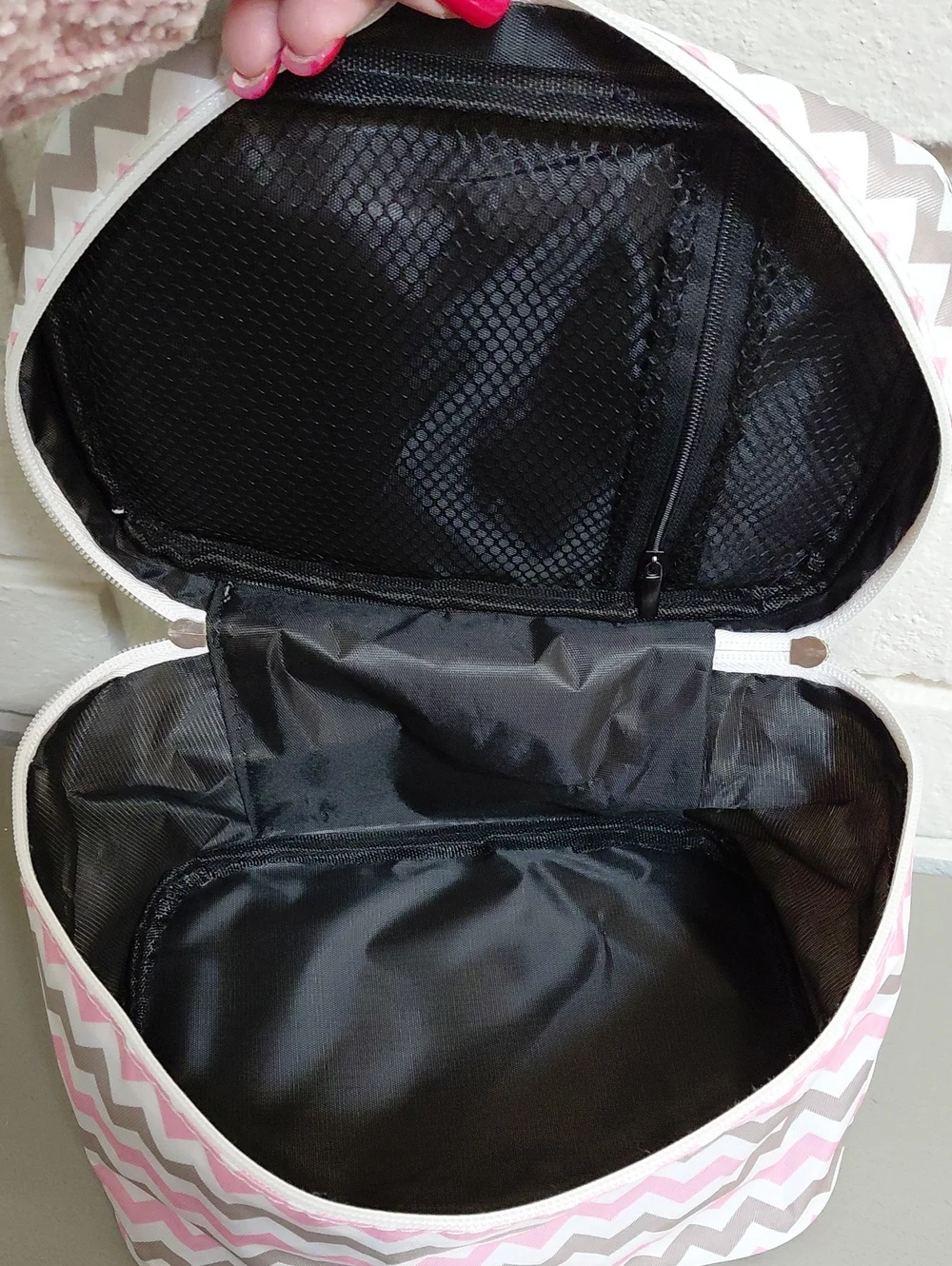 Pink & Gray Chevron Cosmetic Bag with Peach Sheet Mask & Lip Gloss. NWT